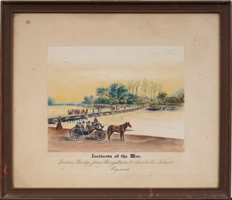 Antique American Historic Pontoon Bridge From Georgetown to Analostan Island Framed Painting