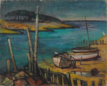 Vintage American School Monogrammed Modernist Original Seascape Oil Painting