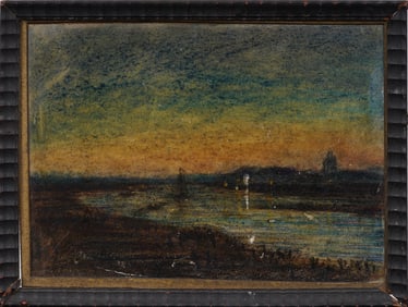 Antique American Modernist Nocturnal Harbor View Framed Original Seascape Painting
