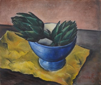 Antique American School Modernist Artichoke Kitchen Table Still Life Monogrammed Oil Painting