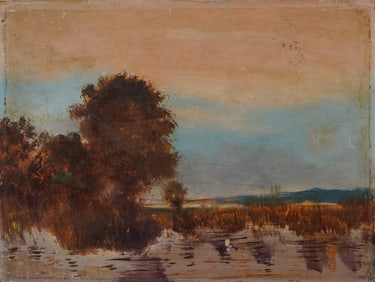 Antique English 19th Century Impressionist Sunset Landscape Original Oil Painting