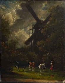 Antique French Barbizon School Cow Grazing Windmill Landscape Signed Oil Painting