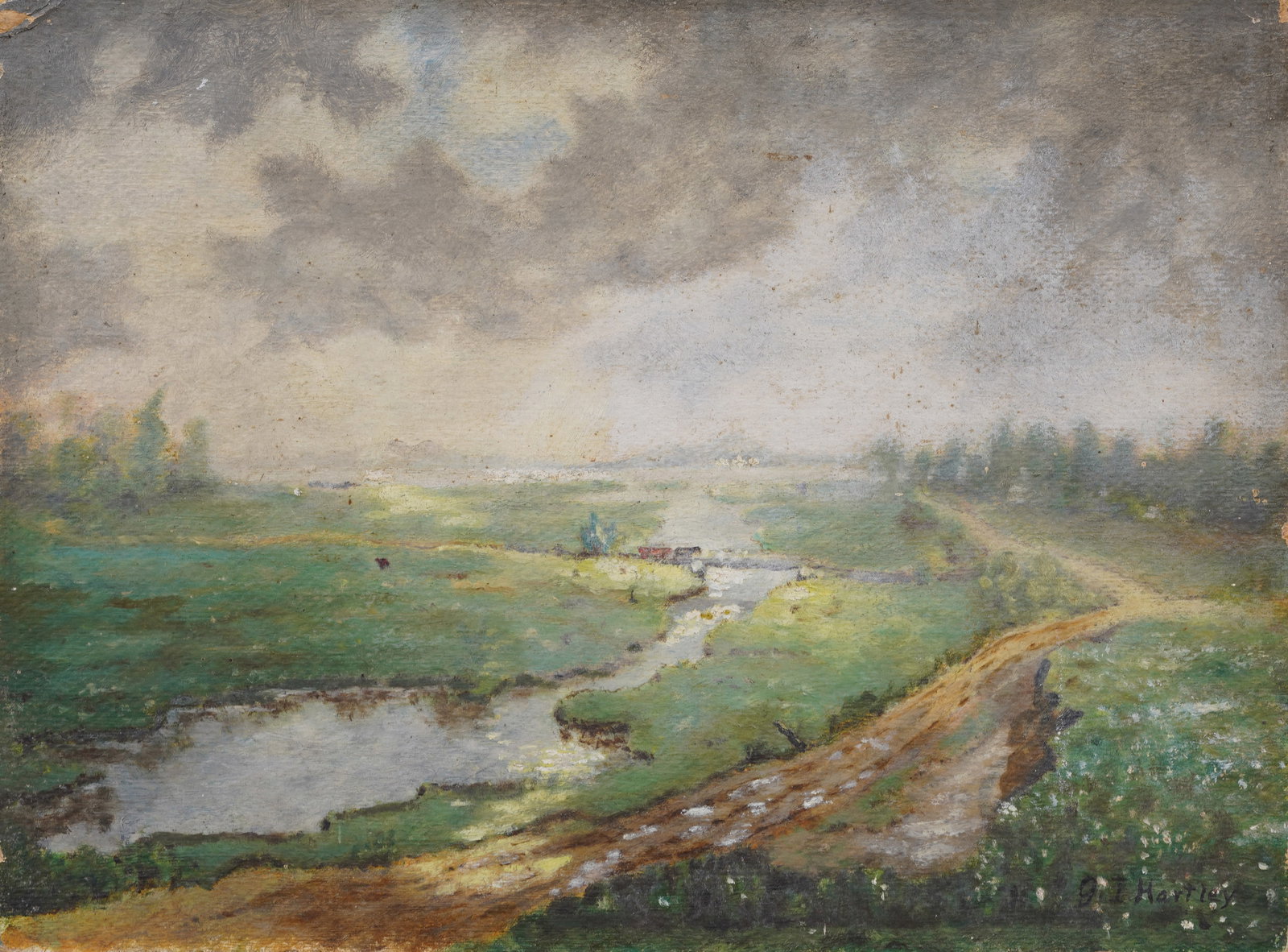 Antique American Impressionist Wild Flower Valley Landscape Signed Hartley Oil Painting: Antique American impressionist landscape oil painting. Oil on board. Signed. Measuring 12 by 16 inches. Please see all images for condition. Size is measured and written on the back of the painting. T