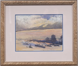 Joseph Pennell (1857-1926) New York City Harbor Sunset Impressionist Cityscape Signed Painting