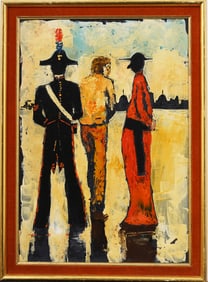Vintage Paris Modern Street Scene Figural Framed Oil Painting