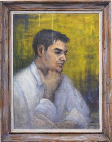 Vintage Monogrammed Pensive Male Portrait Framed Original Modernist Oil Painting