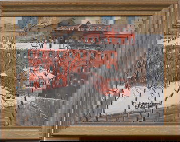 Large Signed Antique American Impressionist Cityscape Winter View Framed Original Oil Painting