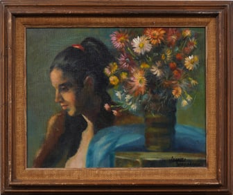 Jacques Zuccaire (1909 - 2006) Vintage American Modernist Woman Portrait Still Life Oil Painting