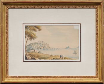 Castello di Ischia Antique Italian Seaside View Framed  Painting ATTR Gabriele Carelli (1820 - 1900)
