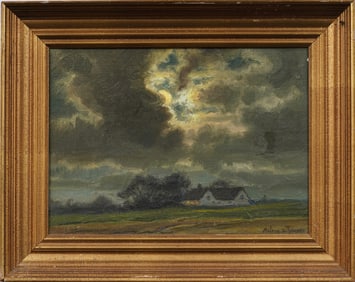 Alfred V Jensen (1898 - 1960) Antique Danish Impressionist Sunset Wild Sky Landscape Painting