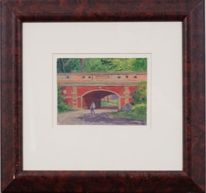 Antique American Impressionist Central Park Bridge New York Cityscape Framed Oil Painting
