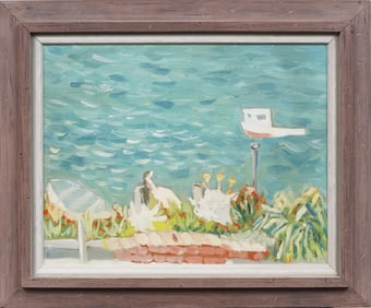 Vintage American School Modernist Coastal Seascape Signed Framed Oil Painting