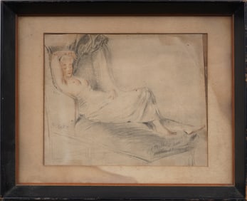 Antique American School Nude Woman Lounging Framed Modernist Watercolor Painting