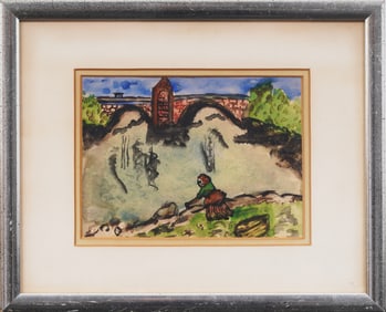 Antique Modernist Landscape Framed Watercolor Painting