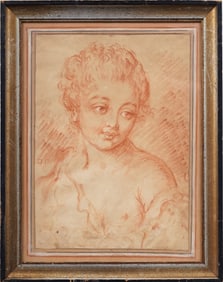 Antique European Old Master Young Woman Framed Drawing