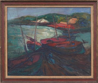 Antique American School Modernist Ship Harbor Signed Framed Seascape Oil Painting