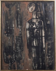 Large Vintage American School Abstract Expressionist Portrait Framed Original Oil Painting