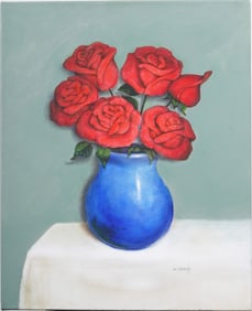 Walter Steding (Born 1953) Vintage Flower Still Life Modernist Rose Table Top Large Oil Painting