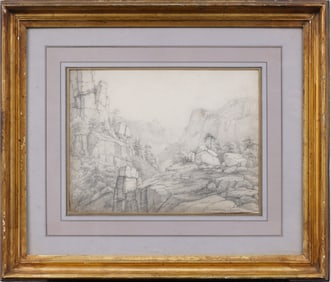 Antique American School Signed Framed Landscape Drawing Christie's New York Provenance