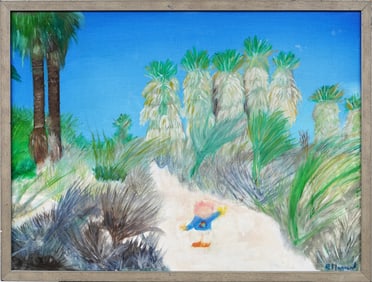 Vintage Tropical Folk Art Landscape Signed Framed Palm Tree Beach Scene Oil Painting