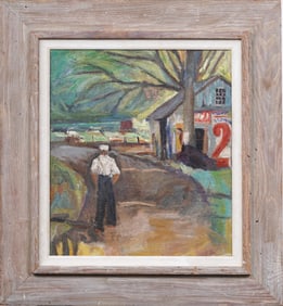 Antique American School WPA Rural Street Scene Nicely Framed Oil Painting on Canvas
