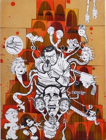 Rex Ray (Born 1956) Vintage American Modernist Surreal Cartoon Illustration Painting