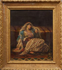 Antique Orientalist 19th Century Framed Young Woman Hookah Smoking Oil Painting