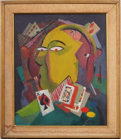 Antique American School Signed Cubist Abstract Playing Cards Framed Oil Painting