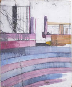 Vintage MCM Modernist Abstract Architectural Oil Painting
