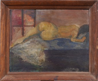 Large Antique American Modernist Nude Woman Interior View Framed Original Oil Painting