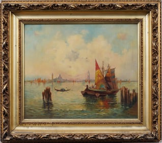 Large Antique Italian Venice Sunset Framed Oil Painting