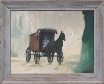 Vintage Signed American School Covered Wagon Horse Portrait Modernist Original Oil Painting