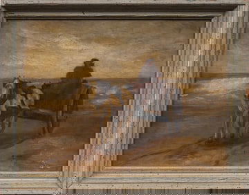 Antique American School New England Clamming Horse Drawn Cart Seascape Oil Painting