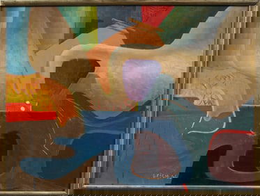 Antique American Signed Cubist Surreal Abstract Framed Original Oil Painting