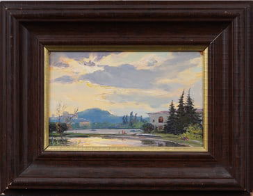 Antique Eastern European Sunset Landscape Framed Oil Painting