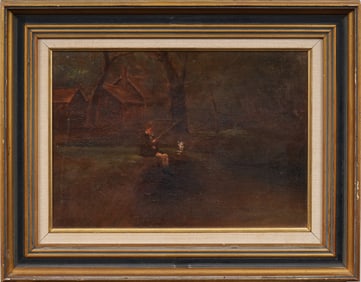 Antique Signed English Fishing Landscape Framed Oil Painting