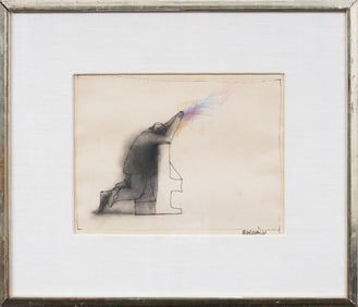 Morris Gaylord Broderson (1928 - 2011) Vintage Signed Modernist Religious Praying Abstract Painting