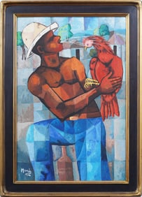 Manes Descollines (Haitian, 1936-1985) Signed Male Nude Portrait Singing Bird Framed Oil Painting