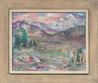 Vintage American Modernist California Mountain Valley Framed Fauvist Landscape Oil Painting