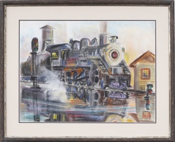 Vintage Modernist Train Painting Housed in Heydenryk Frame