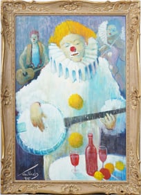 Vintage Nicely Framed Drunk Clown Band Signed Oil Painting