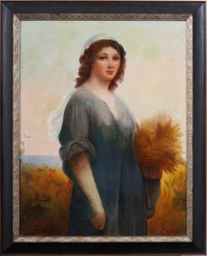 Antique European Wheat Farmer Framed 19th Century Young Woman Portrait Oil Painting