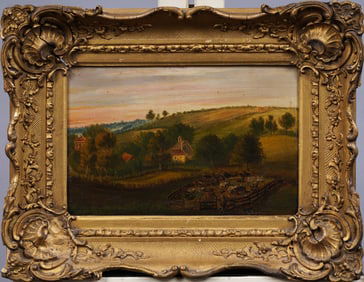 Antique English 19th Century Sheep Grazing Sunset Landscape Framed Original Oil Painting