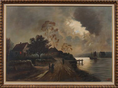 Alexander Nelke (1894 - 1974) Signed South Carolina Moonlit Large Nocturnal Landscape Painting