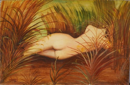 Vintage Signed Modernist Nude Woman Portrait Original Oil Painting