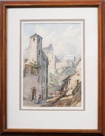 Antique Signed European Town View Framed Watercolor Signed Painting