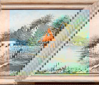 Large Impressionist Lake Landscape Framed Painting