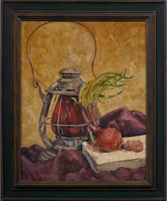 Vintage Framed American School Signed Onion Still Life Original Oil Painting