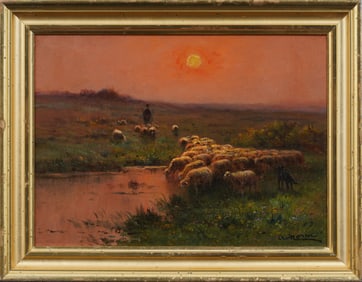 Adolphe Morin 1841-1880 Antique French Impressionist Glowing Sunset Grazing Sheep Landscape Painting