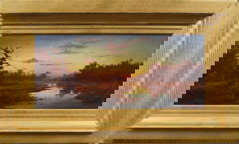 Max Sand (fl. 1900-1920) Antique American Sunset Hudson River School Landscape Original Oil Painting